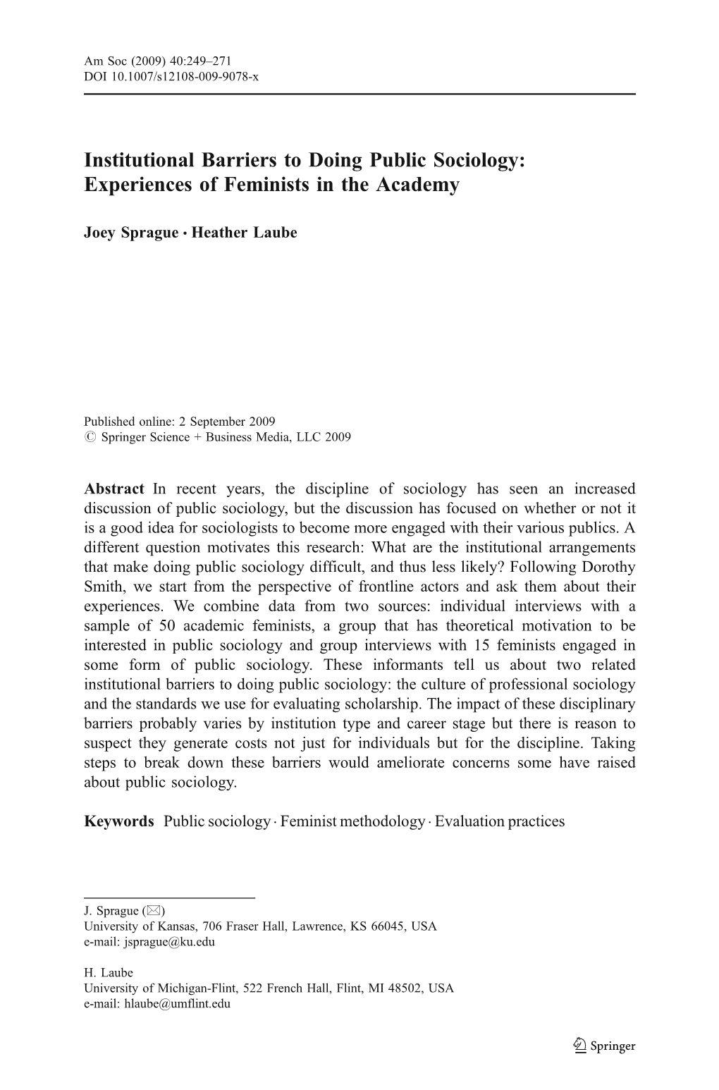 Institutional Barriers to Doing Public Sociology: Experiences of Feminists in the Academy