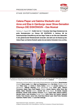 Celena Pieper Und Sabrina Weckerlin Sind Anna Und Elsa in Hamburgs Neuer Show-Sensation Disneys DIE EISKÖNIGIN – Das Musical