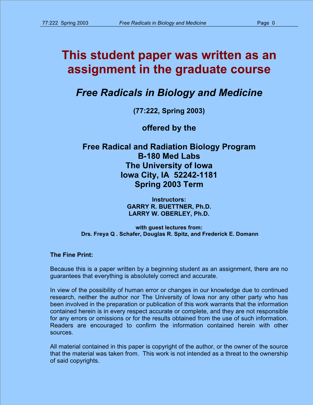 Free Radicals in Biology and Medicine Page 0