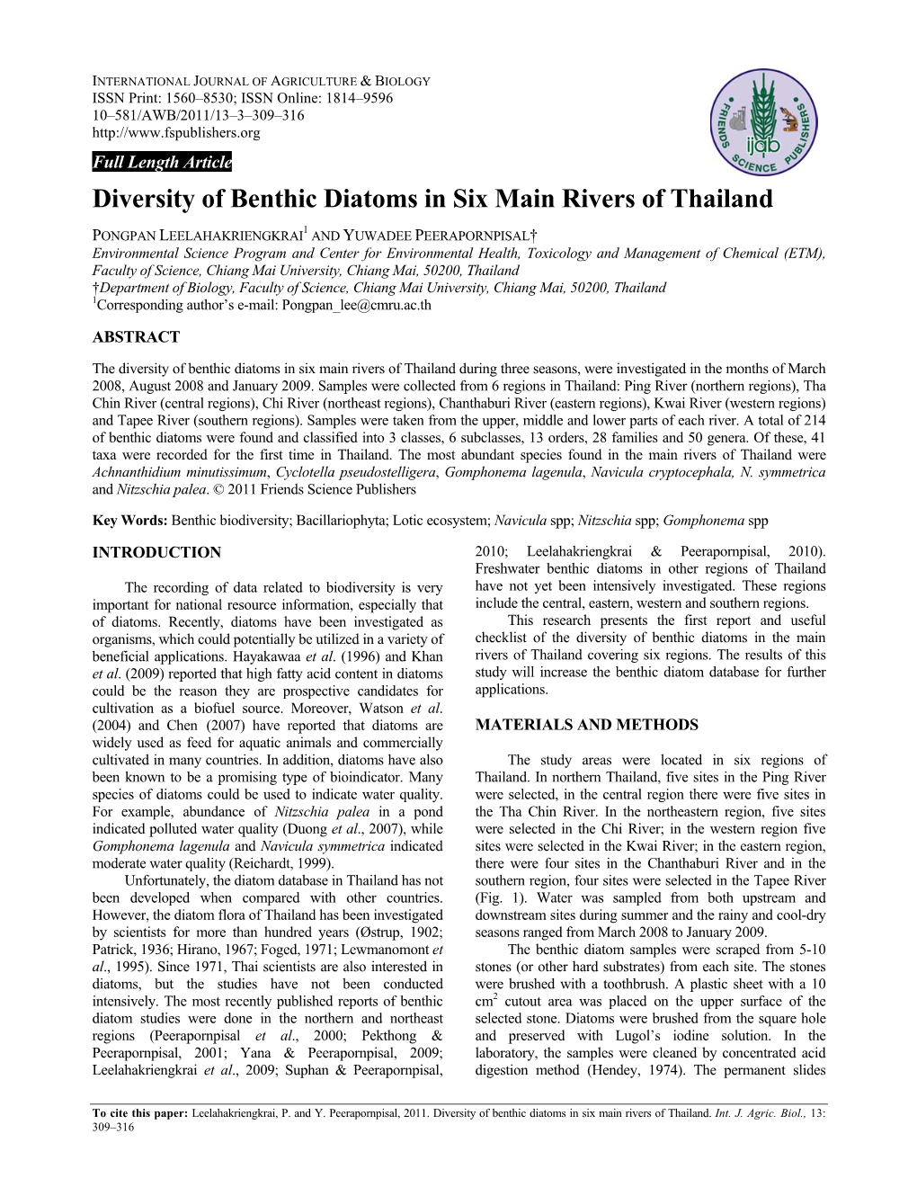 Diversity of Benthic Diatoms in Six Main Rivers of Thailand