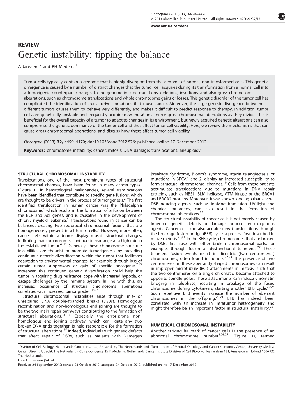 Genetic Instability: Tipping the Balance