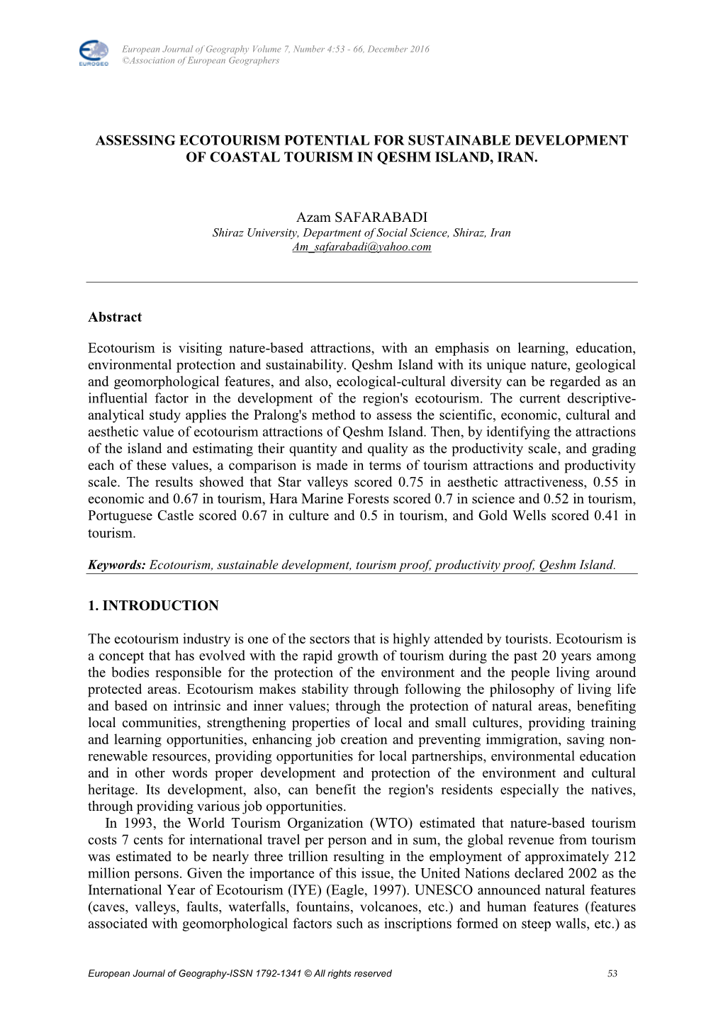 Assessing Ecotourism Potential for Sustainable Development of Coastal Tourism in Qeshm Island, Iran