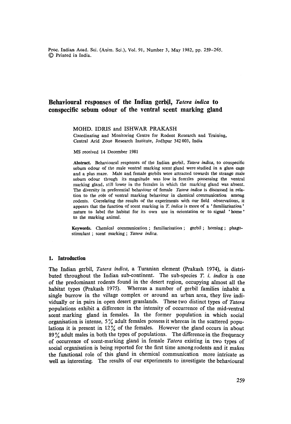 Behavioural Responses of the Indian Gerbil, <Emphasis Type=