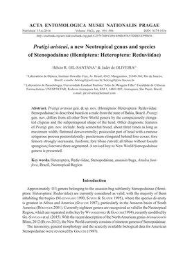 Pratigi Aristeui, a New Neotropical Genus and Species of Stenopodainae (Hemiptera: Heteroptera: Reduviidae)