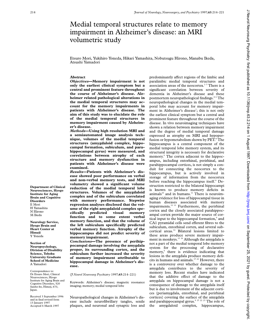 Medial Temporal Structures Relate to Memory Impairment in Alzheimer's