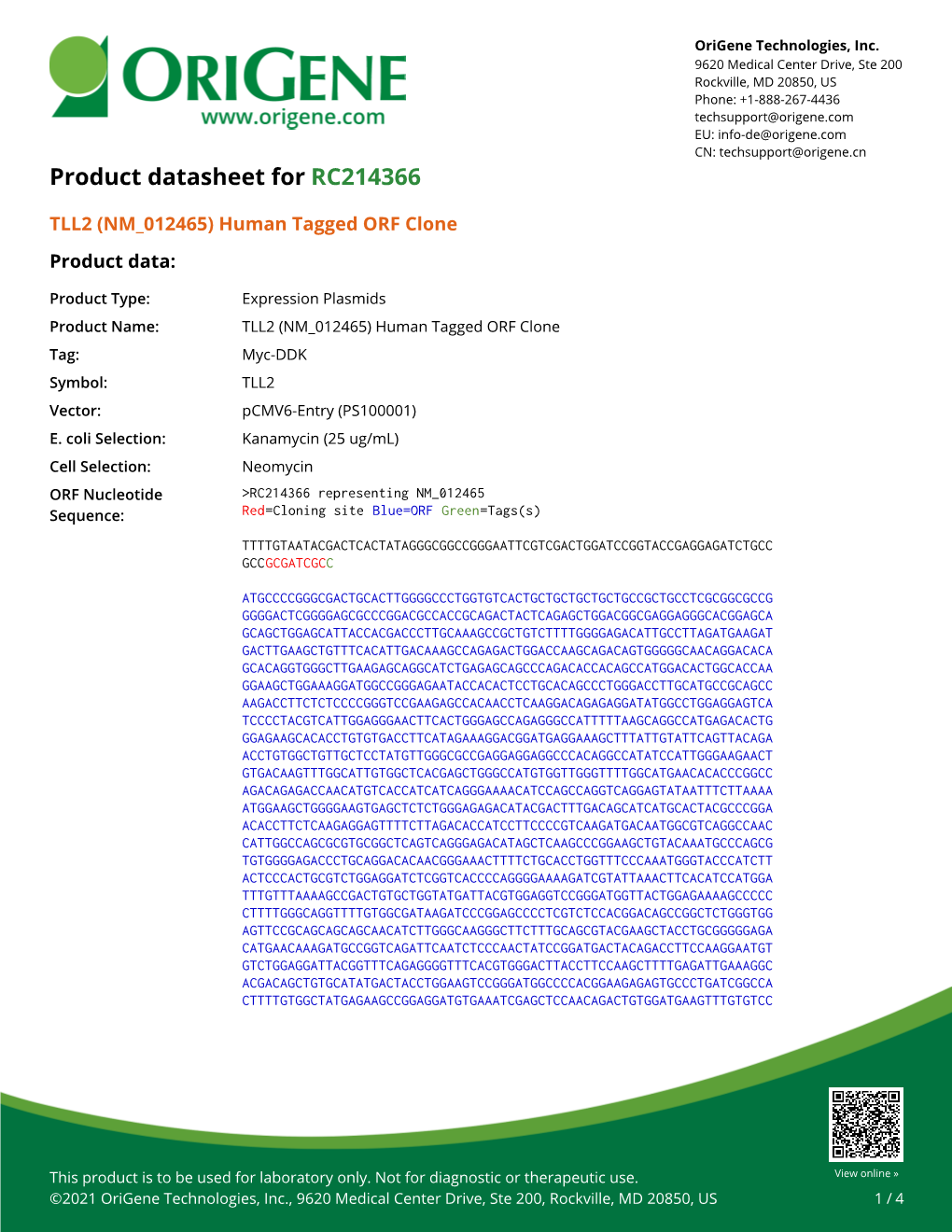 TLL2 (NM 012465) Human Tagged ORF Clone Product Data