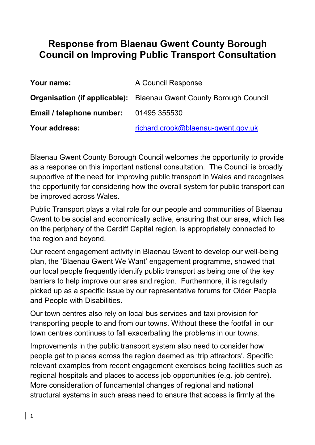Response from Blaenau Gwent County Borough Council on Improving Public Transport Consultation
