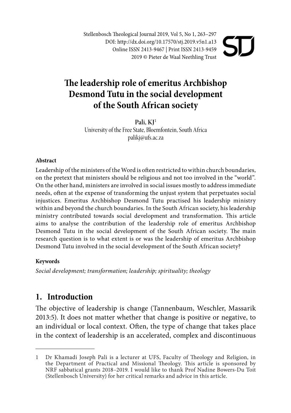 The Leadership Role of Emeritus Archbishop Desmond Tutu in the Social Development of the South African Society