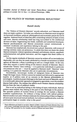 REFLECTIONS' Russell Jacoby the "Politics of Western Marxism"