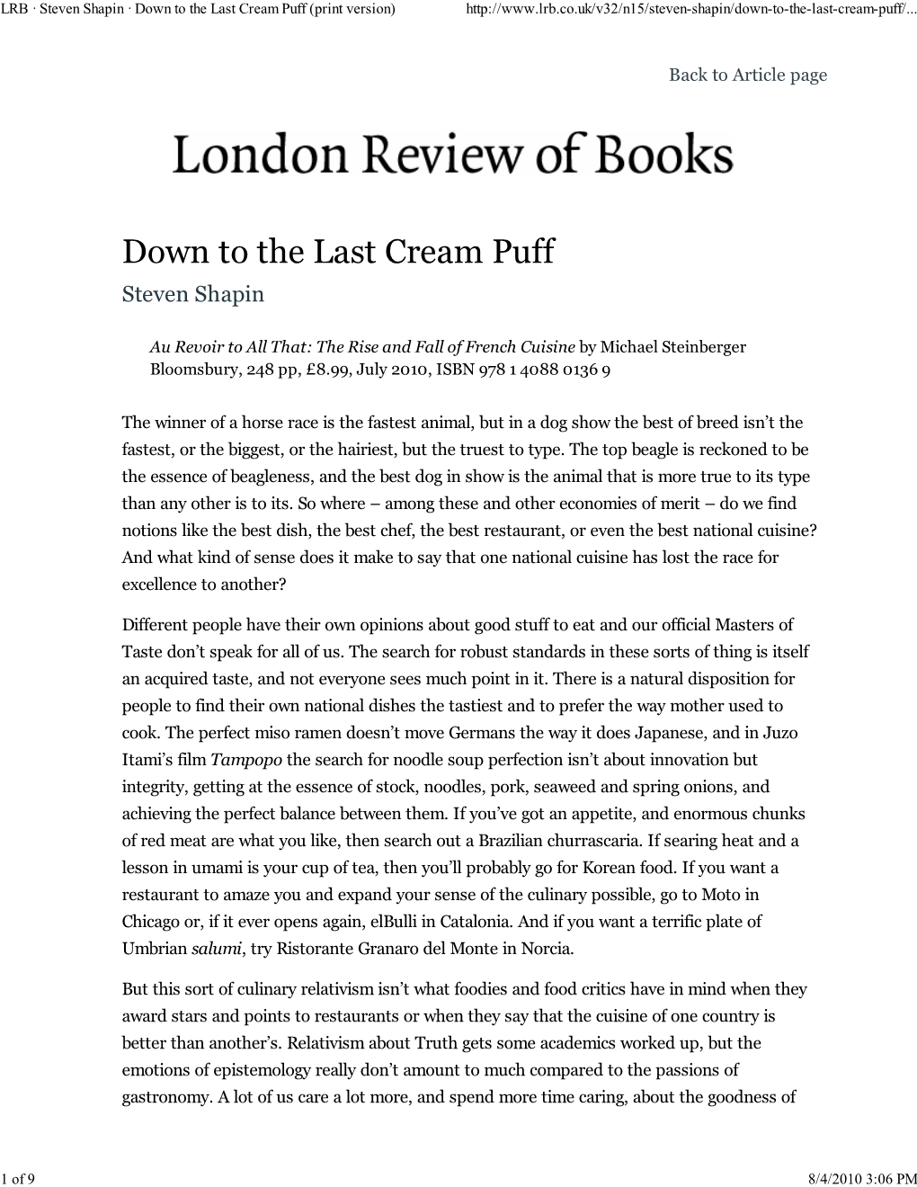 LRB · Steven Shapin · Down to the Last Cream Puff (Print Version)