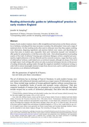Reading Alchemically: Guides to 'Philosophical' Practice in Early