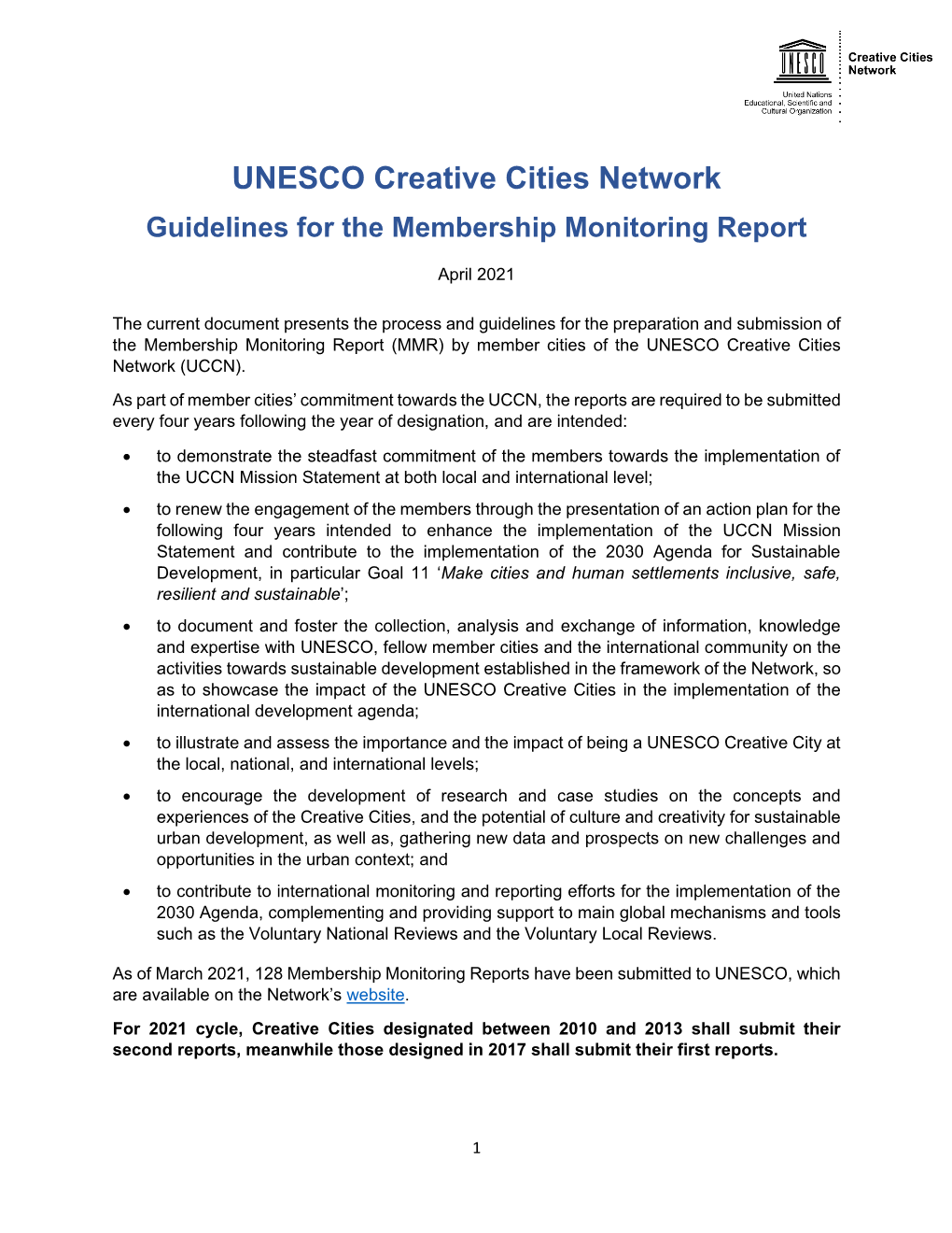 UNESCO Creative Cities Network Guidelines for the Membership Monitoring Report