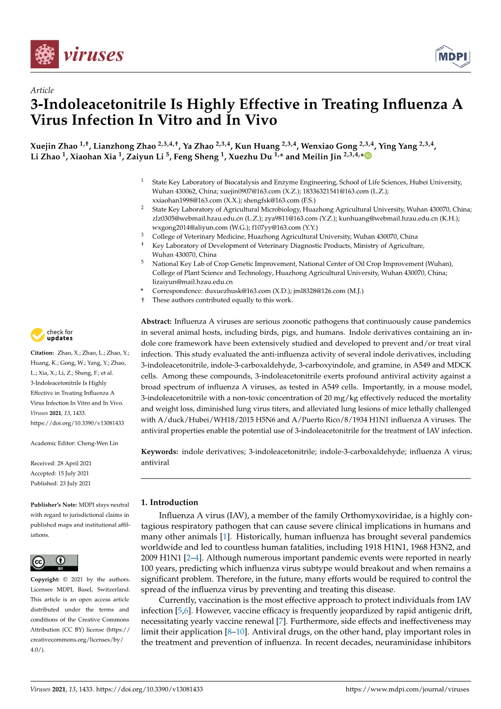 3-Indoleacetonitrile Is Highly Effective in Treating Influenza a Virus