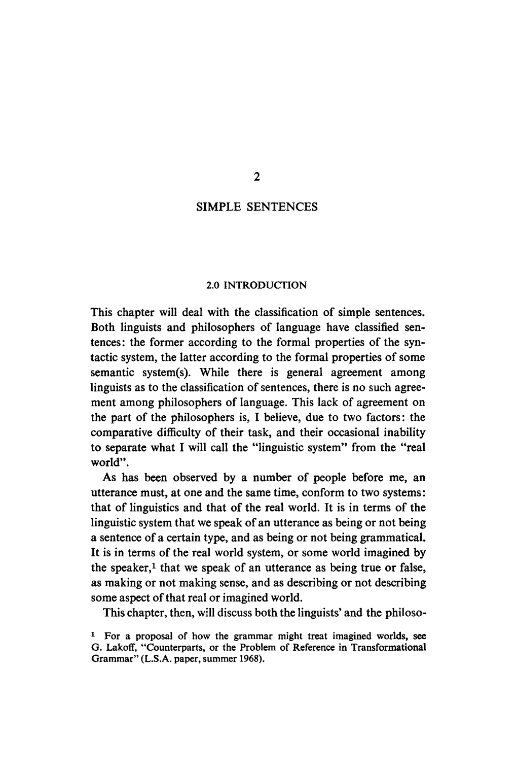 2 SIMPLE SENTENCES This Chapter Will Deal with the Classification of Simple Sentences. Both Linguists and Philosophers of Langua