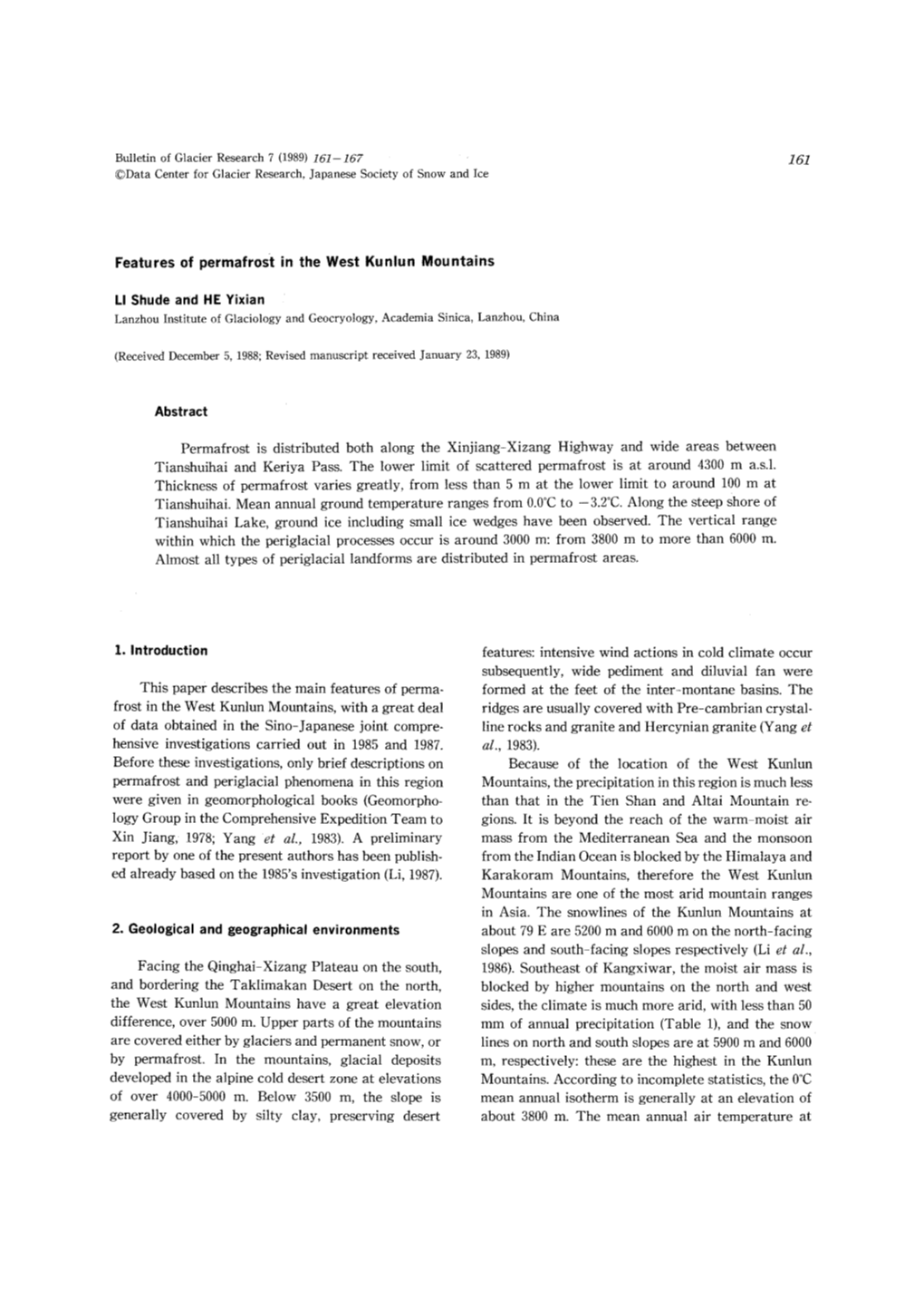 Features of Permafrost in the West Kunlun Mountains