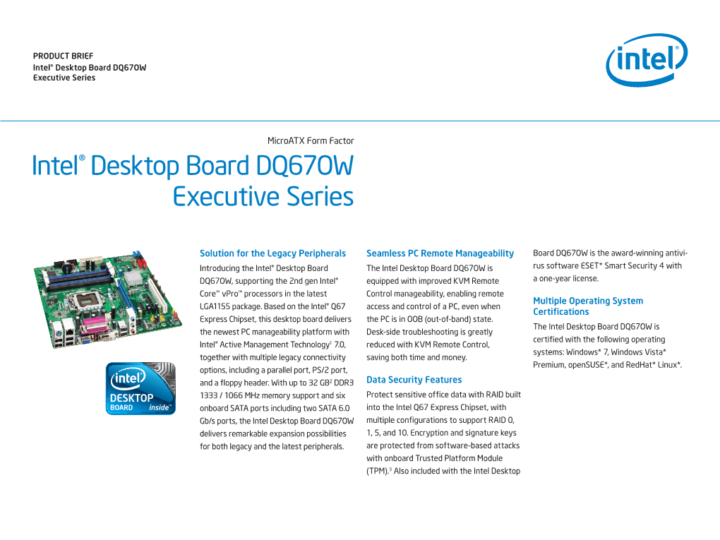 Intel® Desktop Board DQ67OW Executive Series
