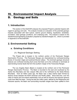 IV. Environmental Impact Analysis D. Geology and Soils