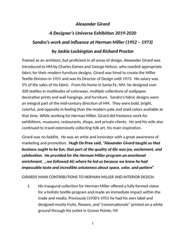 Alexander Girard a Designer’S Universe Exhibi�On 2019-2020 Sandro’S Work and Inﬂuence at Herman Miller (1952 – 1973) by Jackie Lockington and Richard Proctor