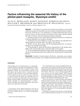 Factors Influencing the Seasonal Life History of the Pitcher-Plant Mosquito, Wyeomyia Smithii