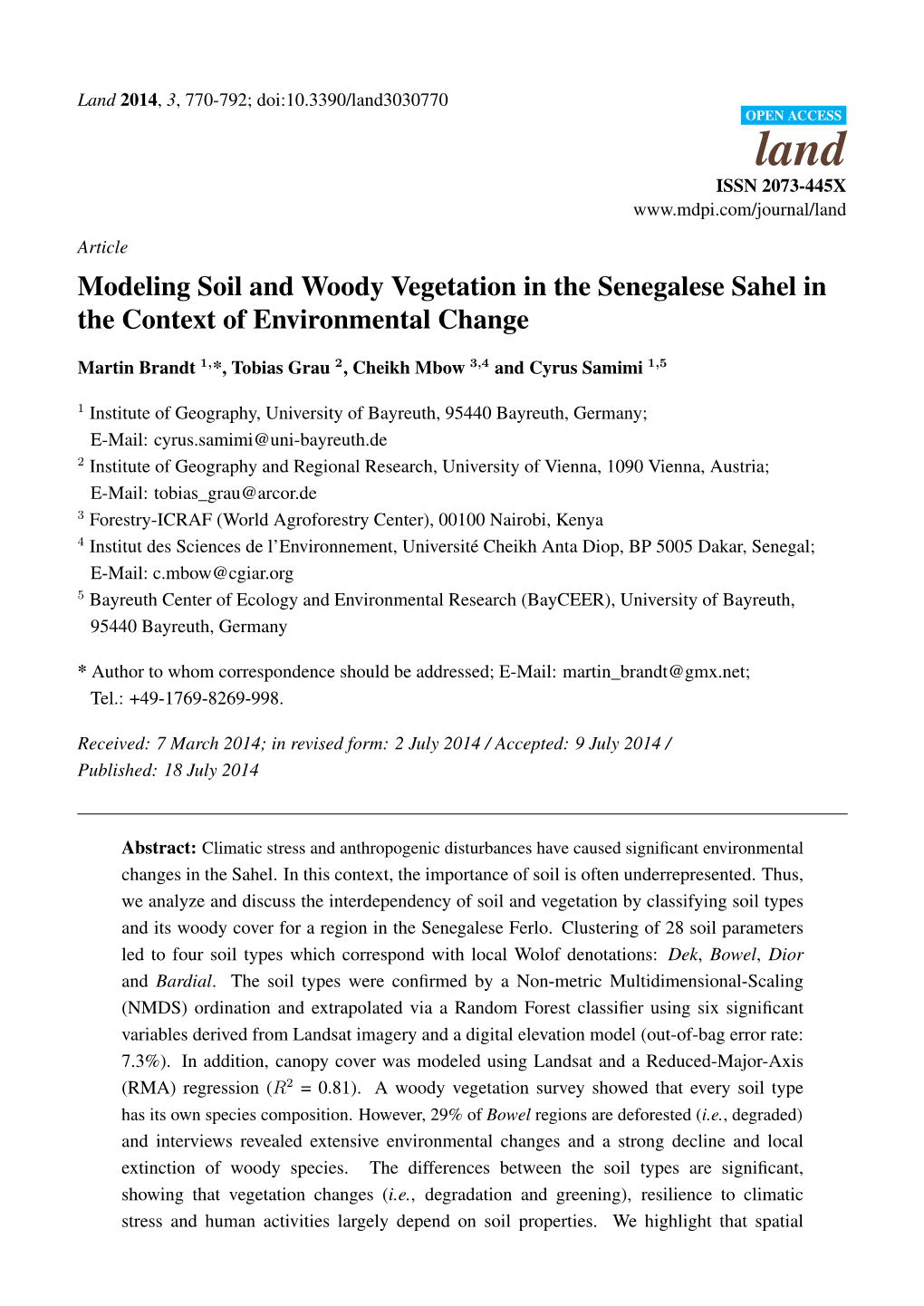 Modeling Soil and Woody Vegetation in the Senegalese Sahel in the Context of Environmental Change