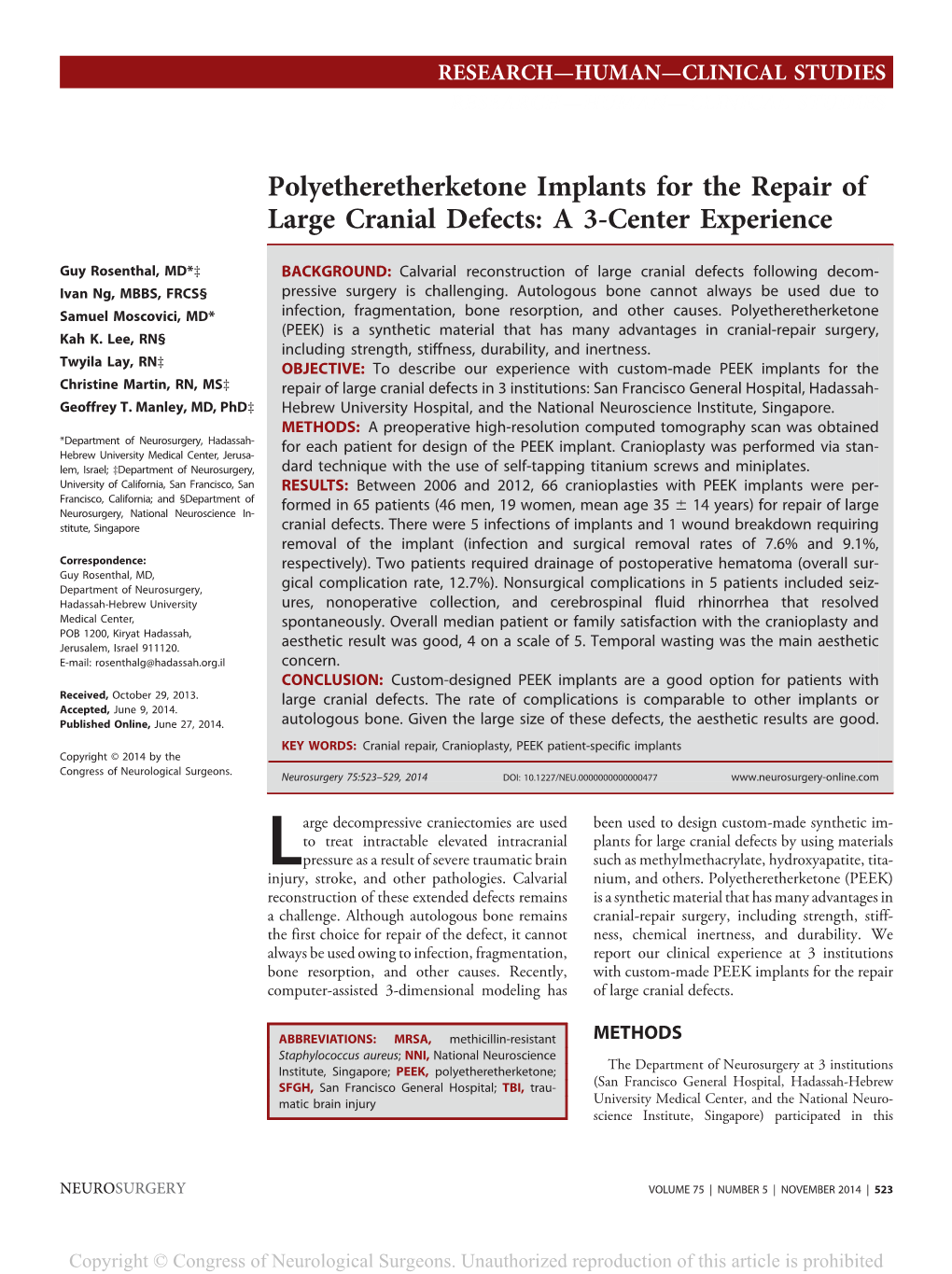 Polyetheretherketone Implants for the Repair of Large Cranial Defects: a 3-Center Experience