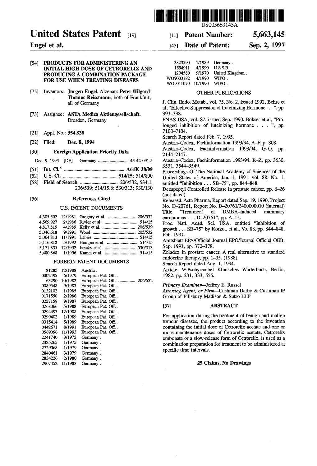 United States Patent 19 11 Patent Number: 5,663,145 Engel Et Al