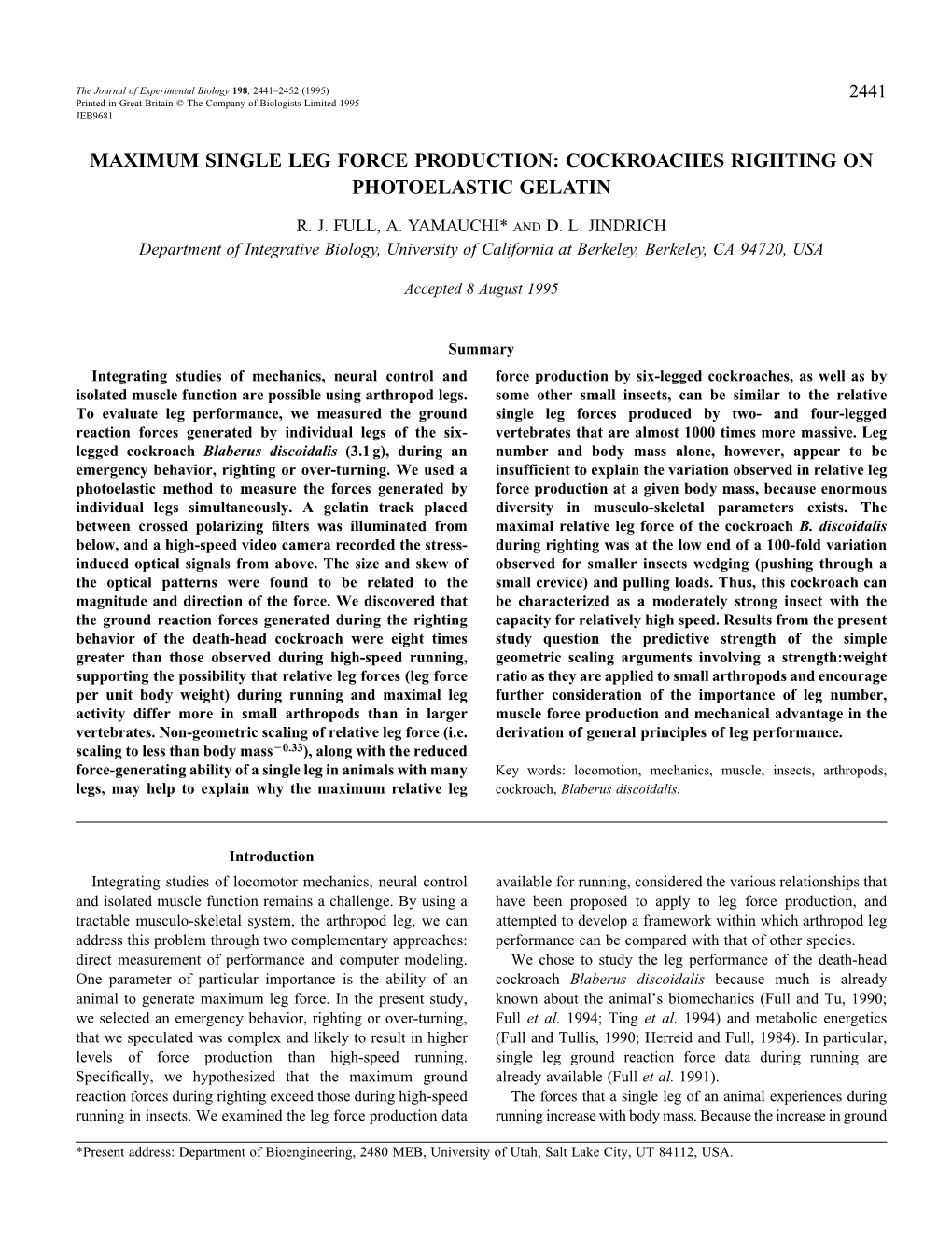 Maximum Single Leg Force Production: Cockroaches Righting on Photoelastic Gelatin