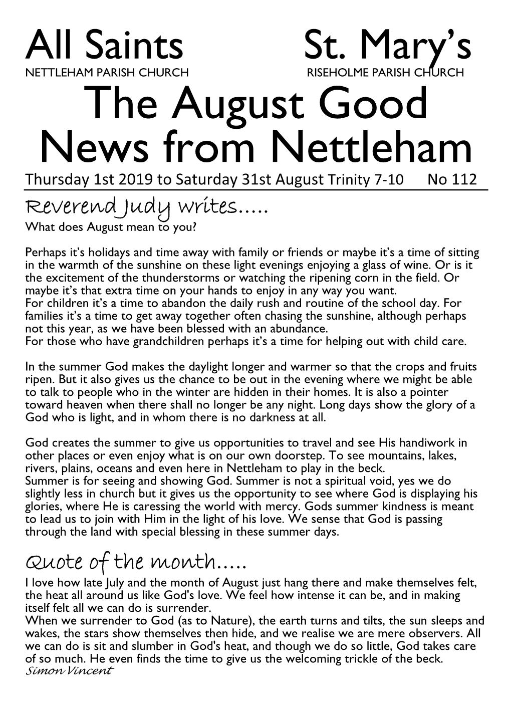 The August Good News from Nettleham Thursday 1St 2019 to Saturday 31St August Trinity 7-10 No 112