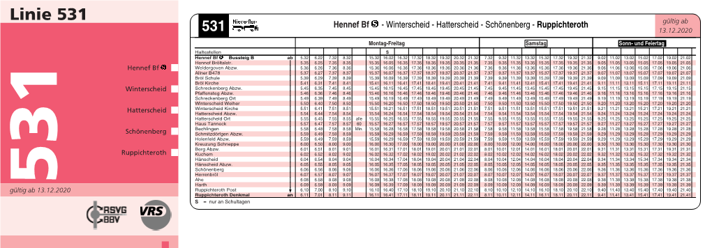 Linie 531 Hennef Bf - Winterscheid - Hatterscheid - Schönenberg - Ruppichteroth Gültig Ab 531 13.12.2020