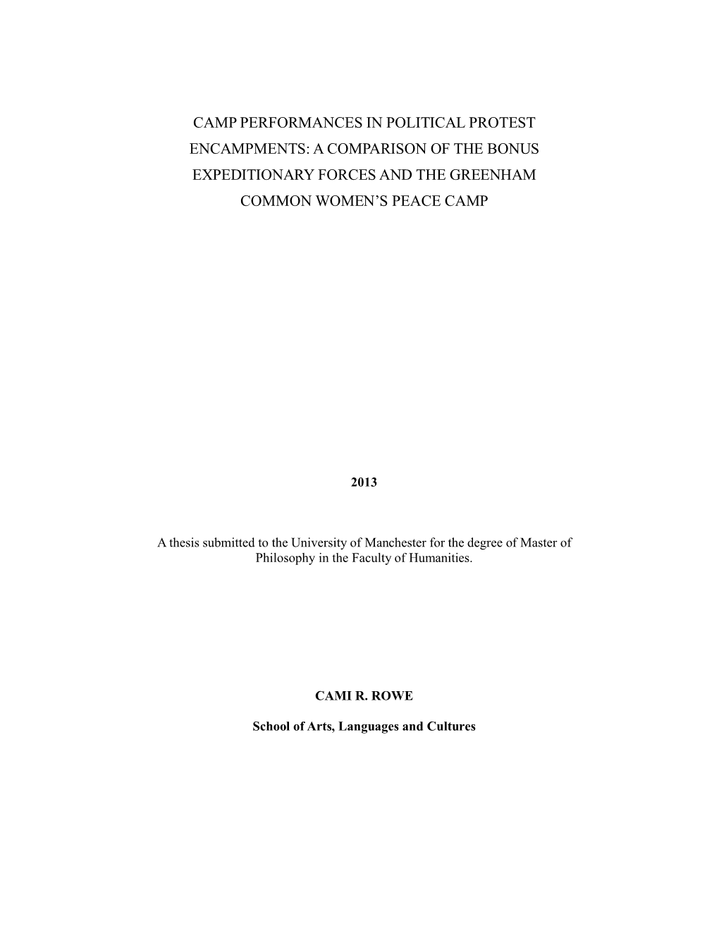 Camp Performances in Political Protest Encampments: a Comparison of the Bonus Expeditionary Forces and the Greenham Common Women’S Peace Camp