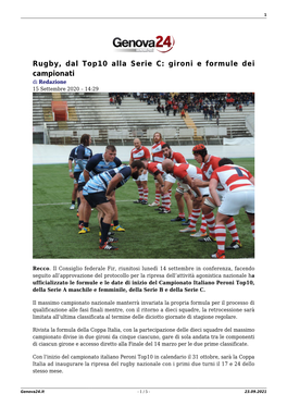 Rugby, Dal Top10 Alla Serie C: Gironi E Formule Dei Campionati Di Redazione 15 Settembre 2020 – 14:29