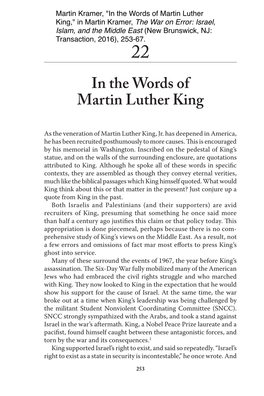 In the Words of Martin Luther King," in Martin Kramer, the War on Error: Israel, Islam, and the Middle East (New Brunswick, NJ: Transaction, 2016), 253-67