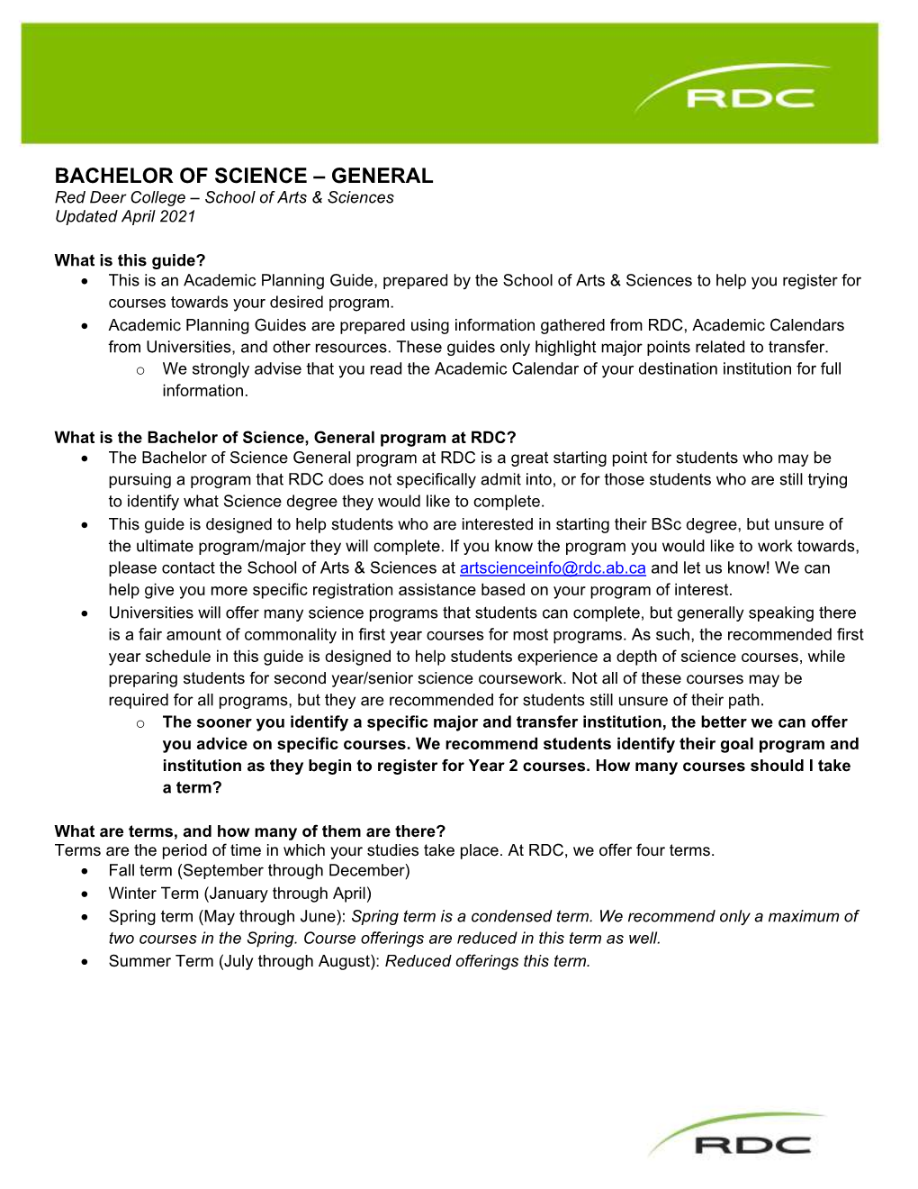 BACHELOR of SCIENCE – GENERAL Red Deer College – School of Arts & Sciences Updated April 2021