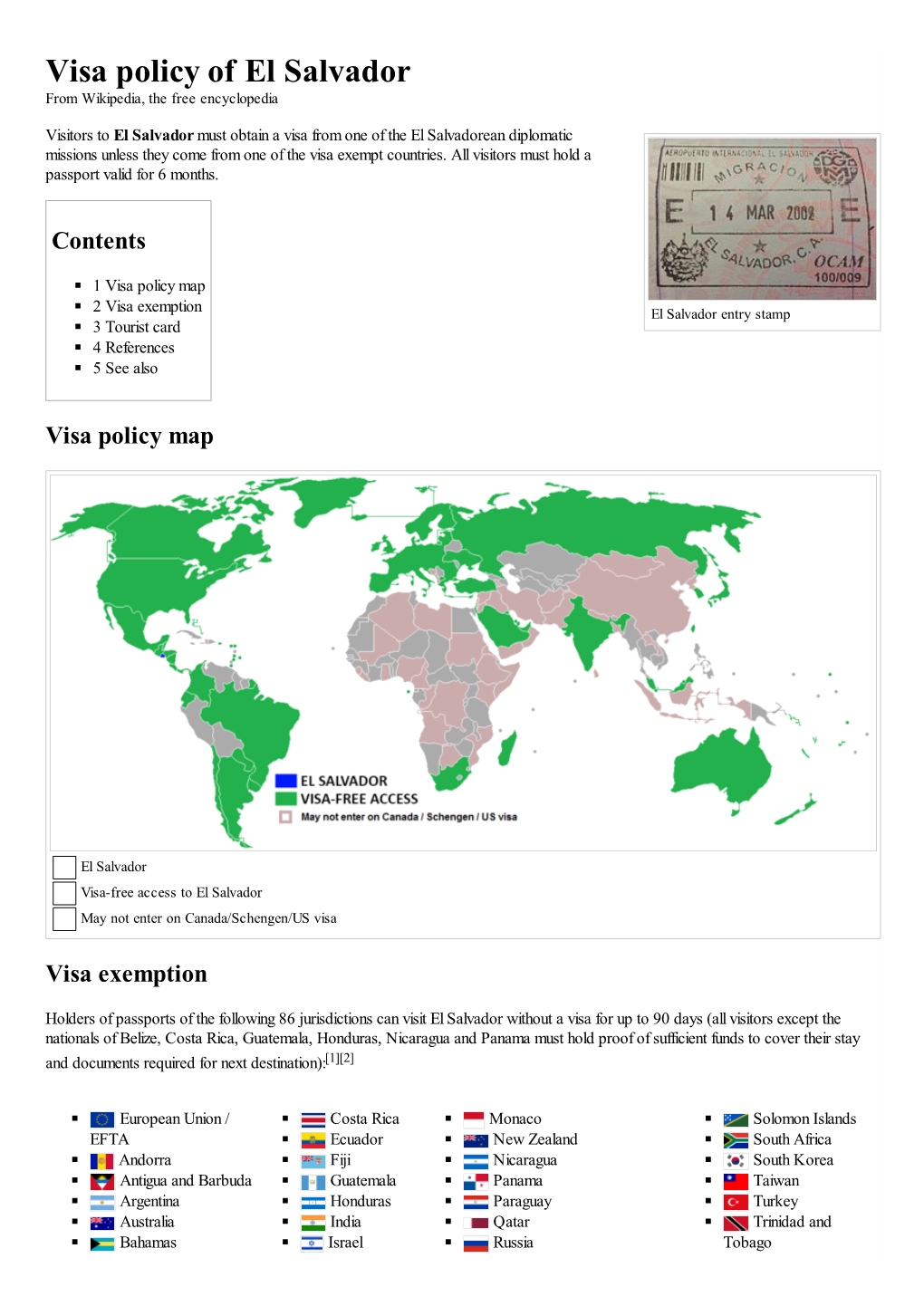 Visa Policy of El Salvador from Wikipedia, the Free Encyclopedia