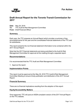 Draft Annual Report for the Toronto Transit Commission for 2017