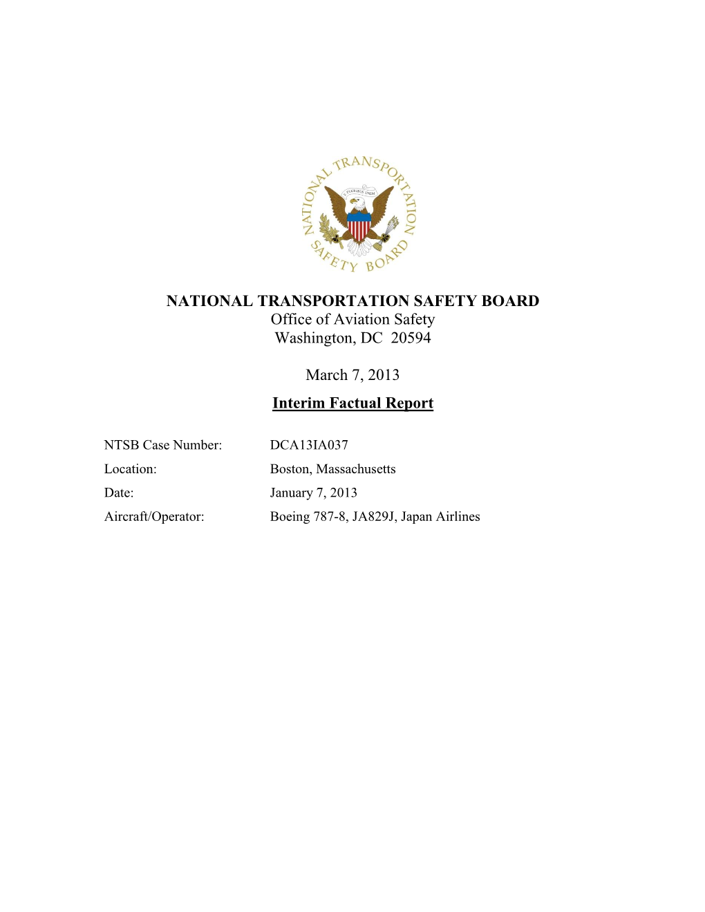 NTSB Interim Factua Report March 2013 Dreamliner