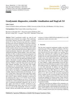 Geodynamic Diagnostics, Scientific Visualisation and Staglab