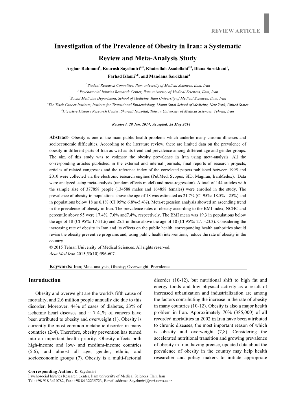 Investigation of the Prevalence of Obesity in Iran: a Systematic Review and Meta-Analysis Study