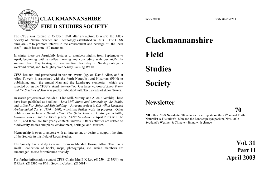 Clackmannanshire Field Studies Society the FORTH NATURALIST and HISTORIAN