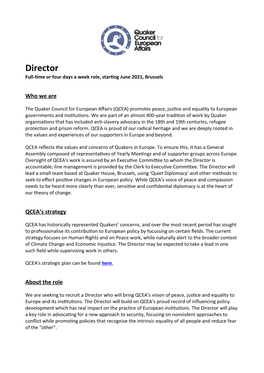 Director Full-Time Or Four Days a Week Role, Starting June 2021, Brussels