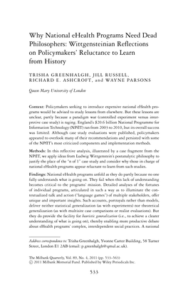 Why National Ehealth Programs Need Dead Philosophers: Wittgensteinian Reflections on Policymakers’ Reluctance to Learn from History
