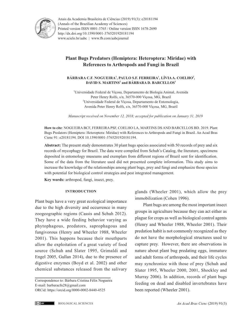 Plant Bugs Predators (Hemiptera: Heteroptera: Miridae) with References to Arthropods and Fungi in Brazil