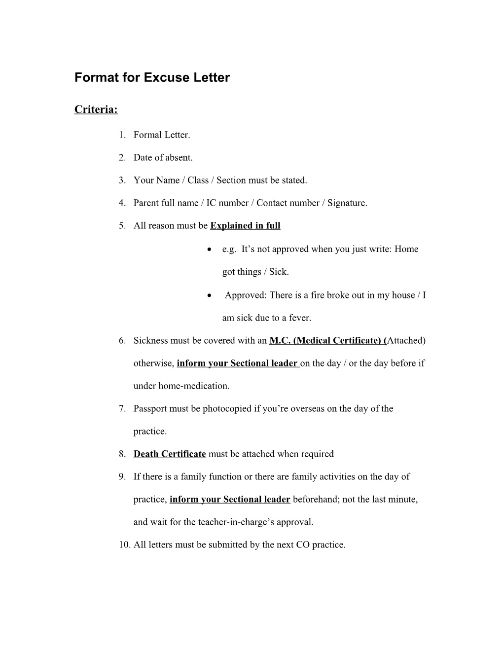 Format for Excuse Letter