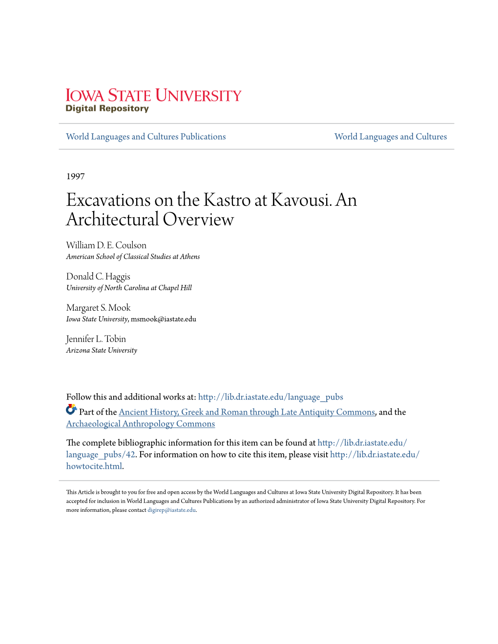 Excavations on the Kastro at Kavousi. an Architectural Overview William D