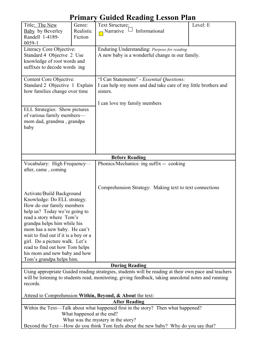 Primary Guided Reading Lesson Plan s19