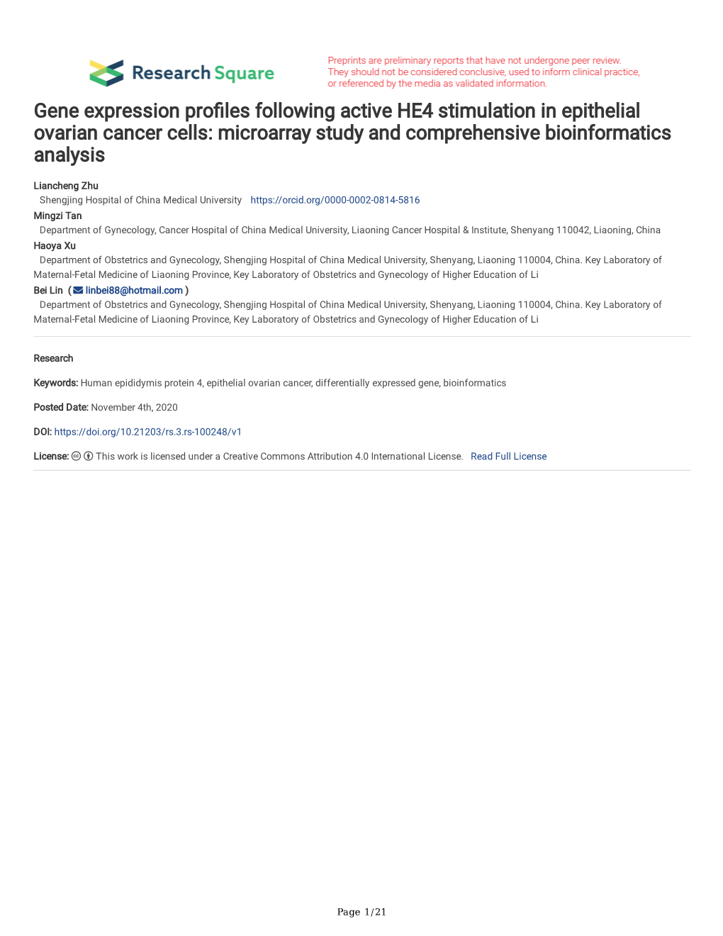 Gene Expression Pro Les Following Active HE4 Stimulation in Epithelial