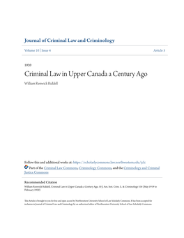 Criminal Law in Upper Canada a Century Ago William Renwick Riddell