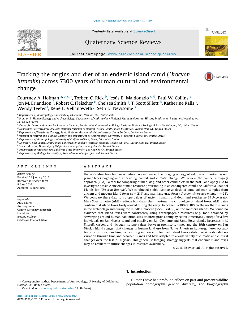 Urocyon Littoralis) Across 7300 Years of Human Cultural and Environmental Change