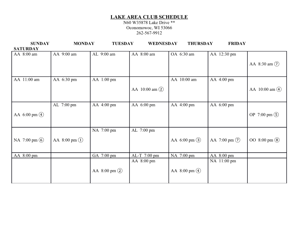 Lake Area Club Schedule