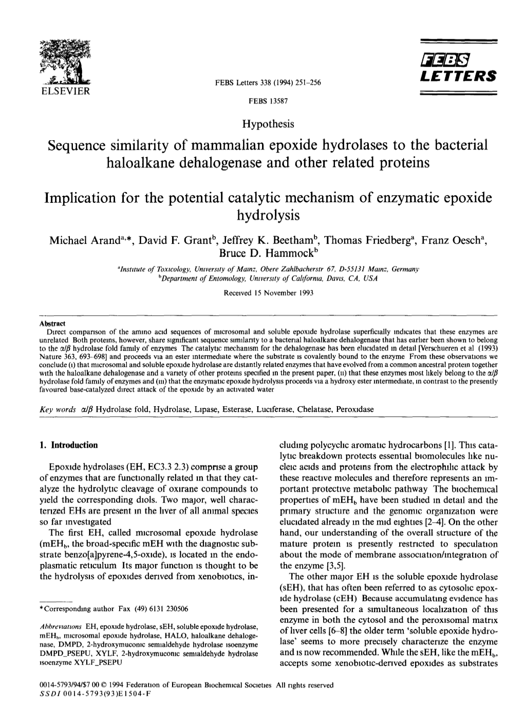 Sequence Similarity of Mammalian Epoxide Hydrolases to the Bacterial Haloalkane Dehalogenase and Other Related Proteins